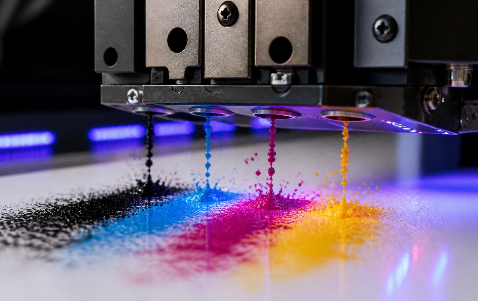 UV print head laying down CMYK ink