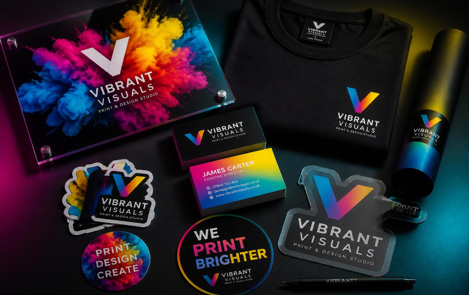 Branded print collection — stickers, cards, signage and workwear